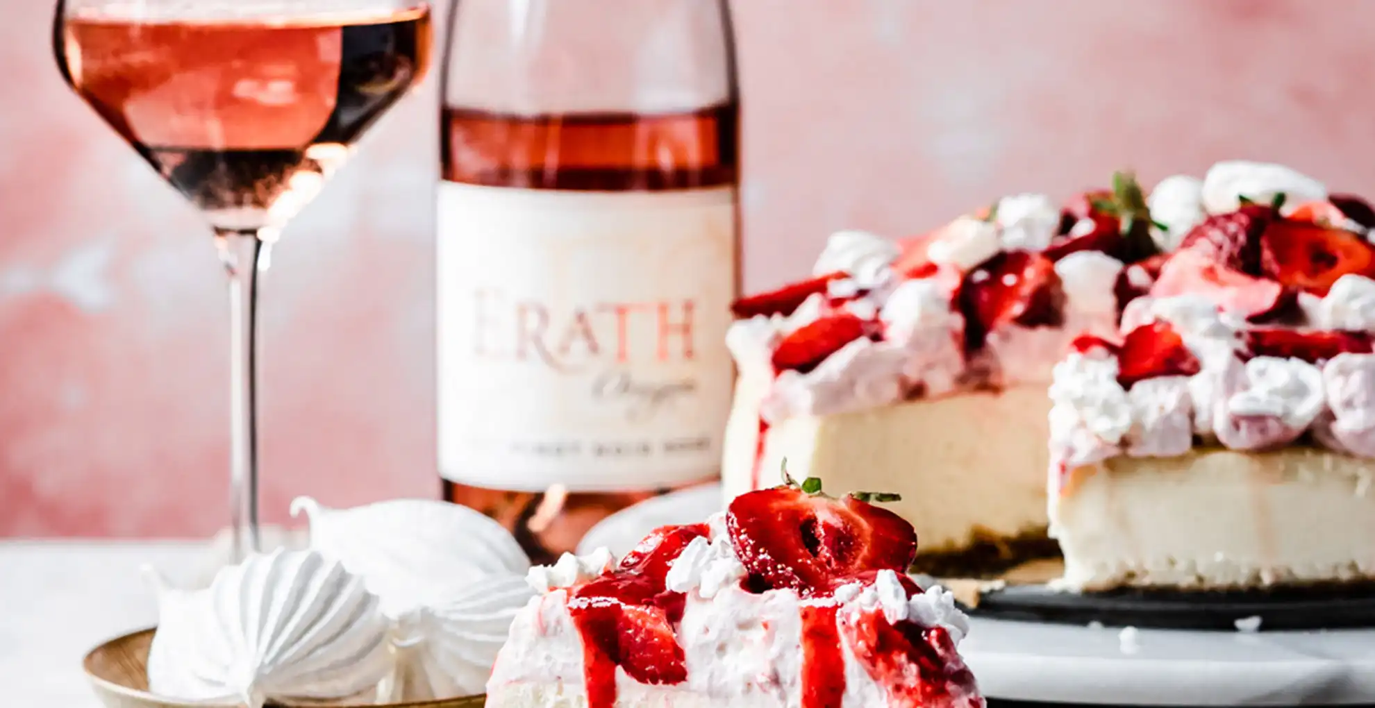 strawberry cheesecake with erath oregon rose and a glass