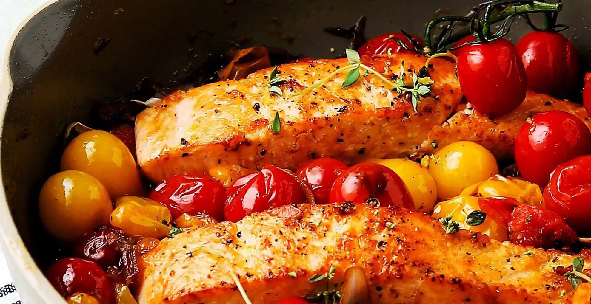 close up of seared salmon with tomatoes
