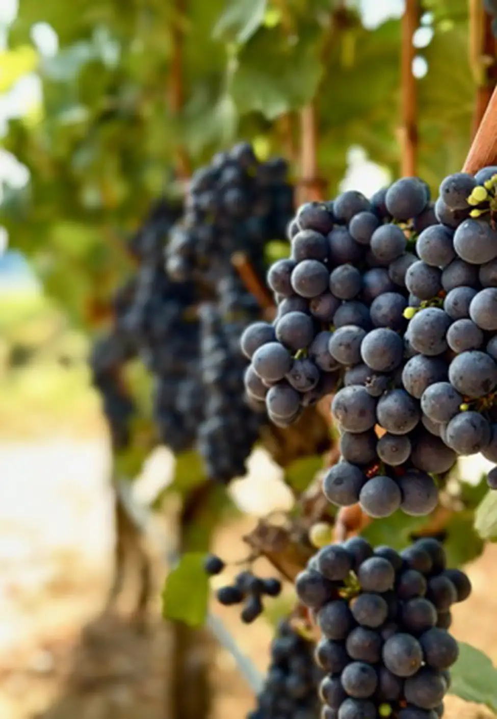 Oregon Pinot Noir grapes hanging off the vine in a vineyard.