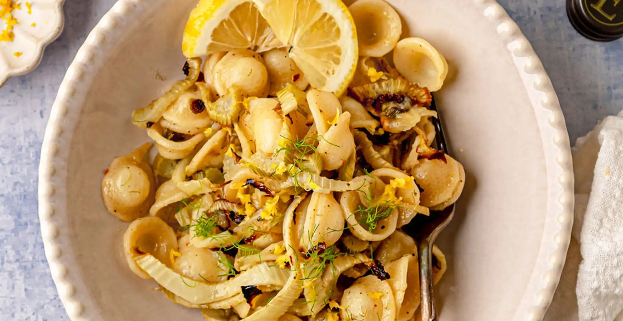 bowl of roasted fennel pasta with fork