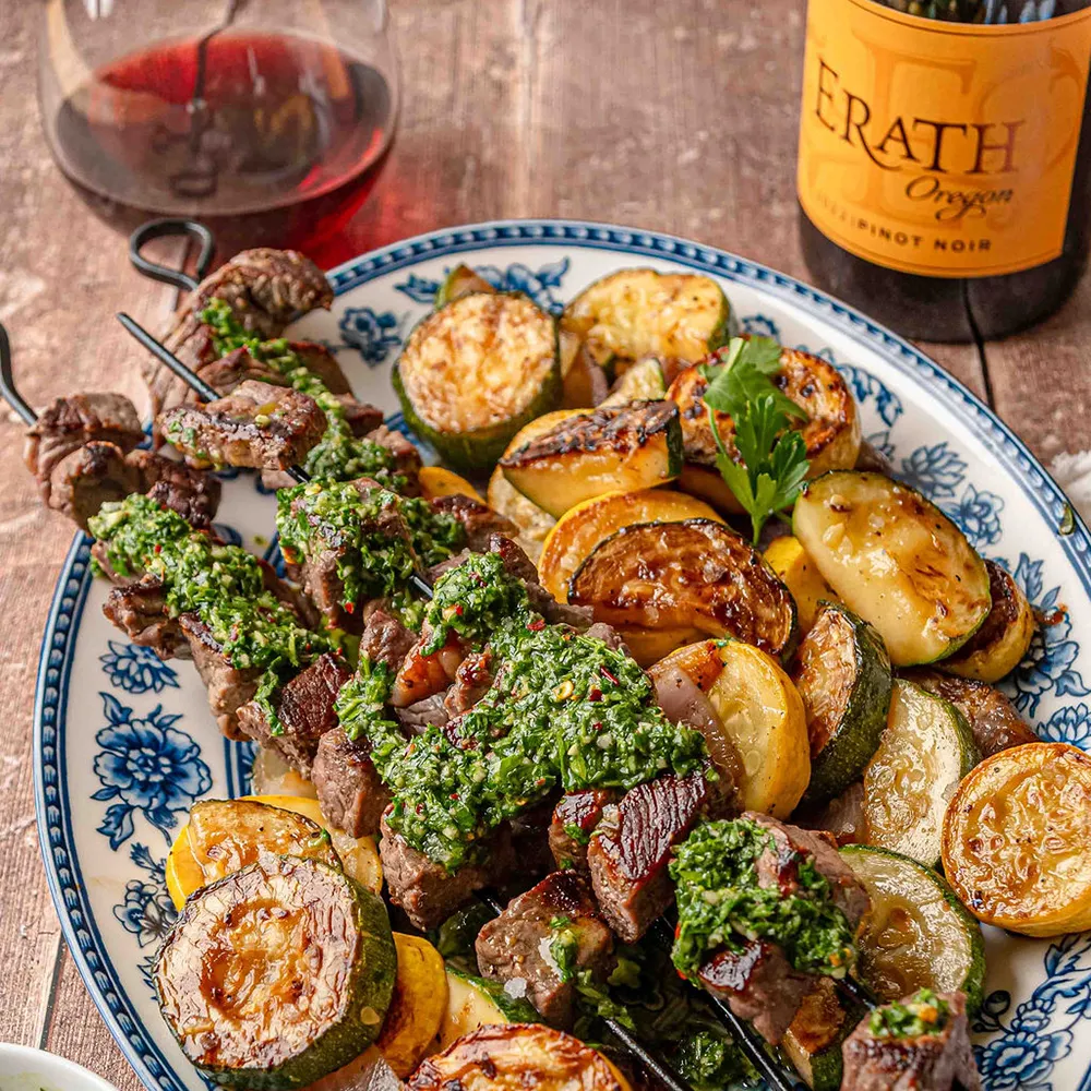 Grilled Steak Skewers with Chimichurri & Charred Vegetables