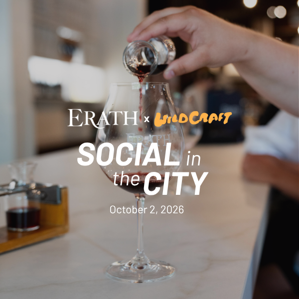 An image of someone pouring wine into an Erath labeled glass. The graphic says Erath x WildCraft, Social in the City, October 2, 2026